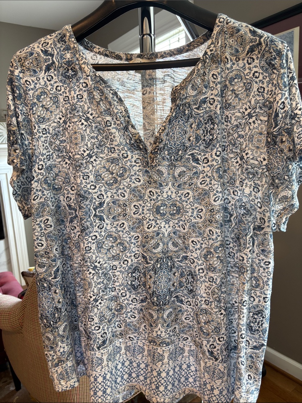 Lucky Brand Blue and White Paisley Notch V-Neck Top